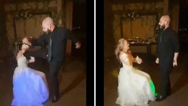 عريس يركل عروسه في وجهها خلال زفافهما.. فيديو صادم