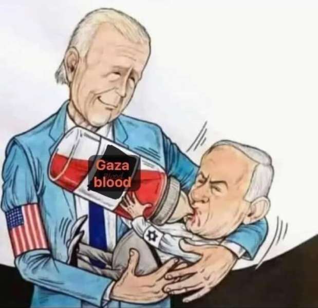 ”كاريكاتير“.. الرئيس الأمريكي يُرضع ”نتنياهو“ دم الفلسطينيين