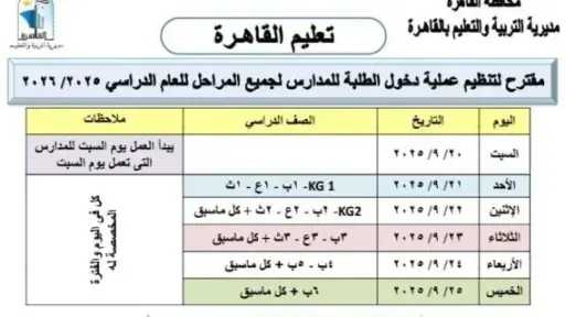 جدول حضور الطلاب في أول أسبوع دراسي بمدارس القاهرة 2025/2026