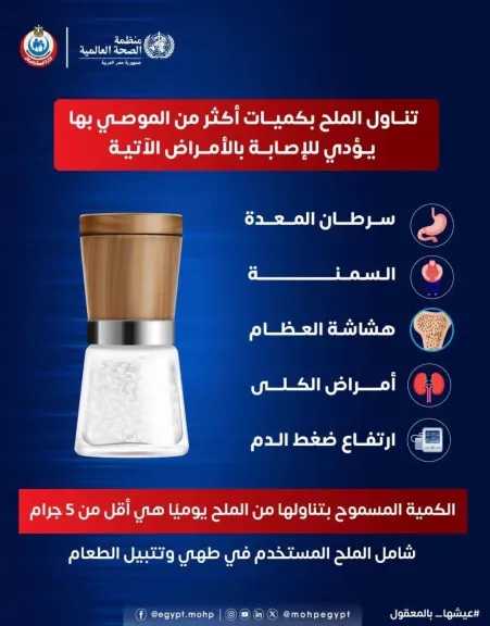 الصحة تحذر الأمهات: الإفراط فى تناول الملح يتسبب فى الإصابة بأمراض خطيرة