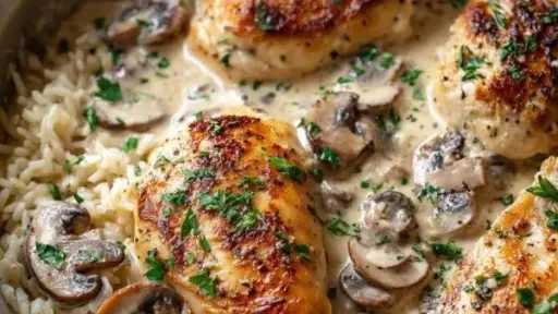 أسهل وألذ وصفة لتحضير دجاج بصوص المشروم مع أرز أبيض