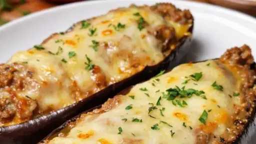 طريقة شهية لتحضير الباذنجان المحشي باللحم والجبنة في الفرن طريقة شهية لتحضير الباذنجان المحشي باللحم والجبنة في الفرن