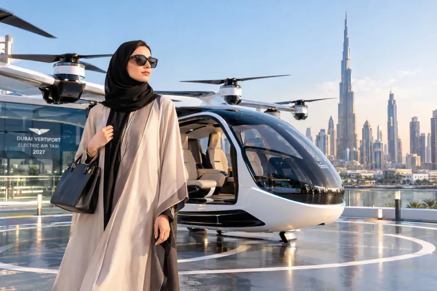سيدة أعمال إماراتية تستقل التاكسي الجوي الكهربائي في دبي عام 2027 - موقع أنا حوا