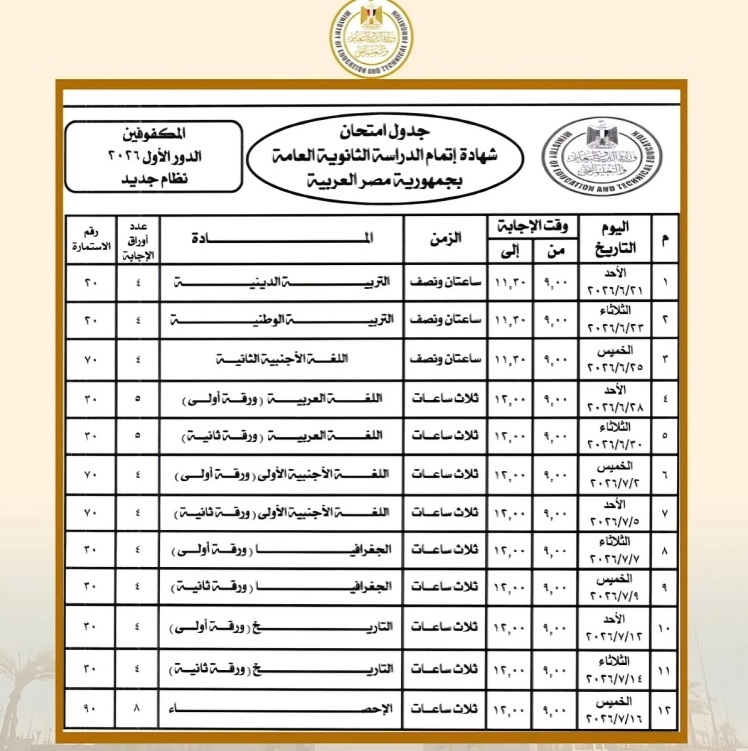 جدول امتحانات الثانوية العامة 2026 للمكفوفين